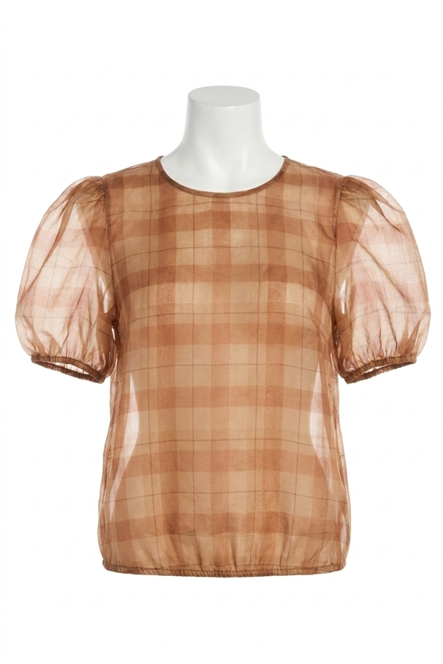 NEW CAMI NYC bethany puff sleeves bodysuit in beige plaid